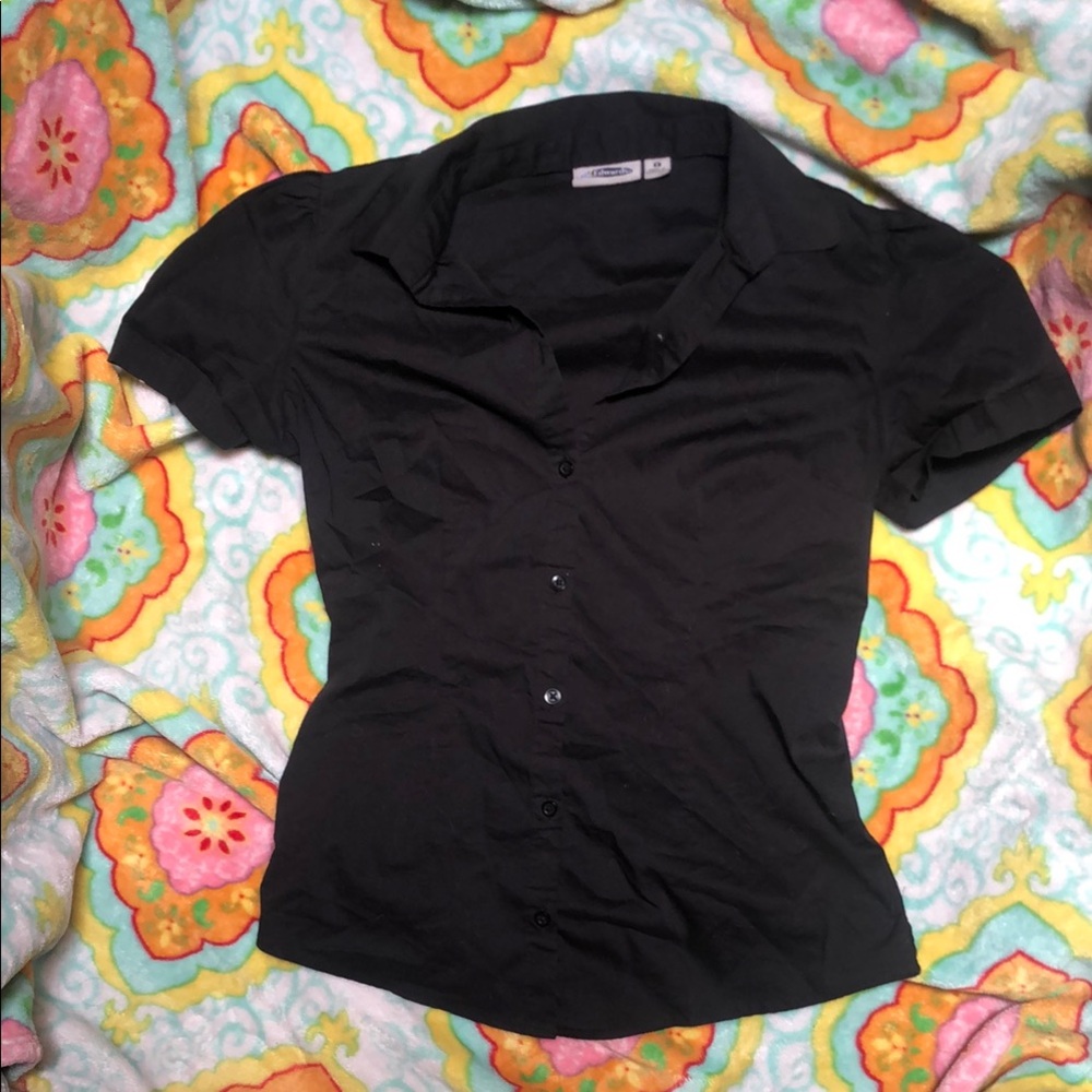 Black Fitted Short Sleeve Button Down Shirt